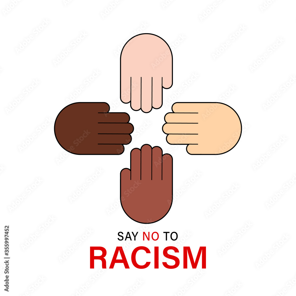 Obraz premium Say no to racism quote vector design. Skin color difference handwritten lettering phrase, different skin tones from light to dark and raised arm, fight fist gesture.
