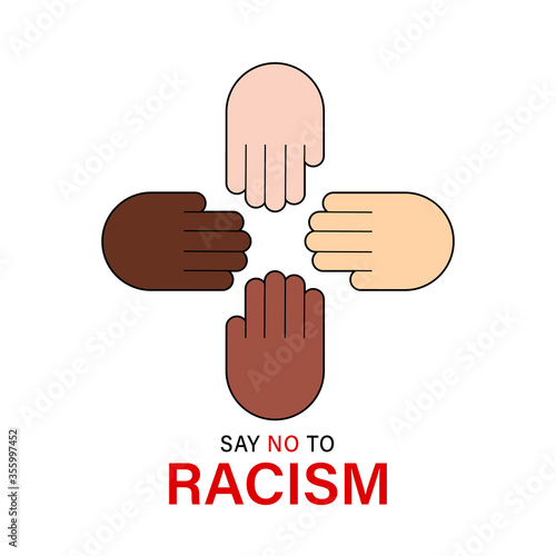 Say no to racism quote vector design. Skin color difference handwritten lettering phrase, different skin tones from light to dark and raised arm, fight fist gesture.