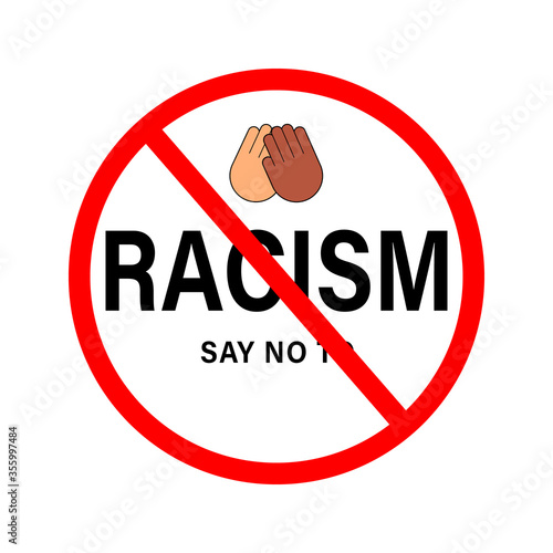 Say no to racism quote vector design. Skin color difference handwritten lettering phrase, different skin tones from light to dark and raised arm, fight fist gesture.