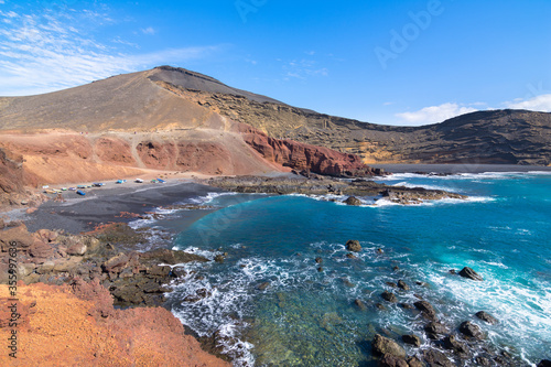 Beautiful view of Charco de los Clicos and Los Clicos Beach (Playa de Los Clicos) from El Golfo viewpoint - Lanzarote, Canary Islands - Spain