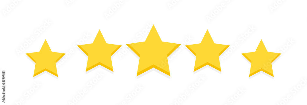Five yellow stars, customer product rating customer review. Level rank icon for app, web, game. Appraisal in simple flat, cartoon style. Premium quality service. Isolated on white vector illustration Five yellow stars, customer product rating customer review. Level rank icon for app, web, game. Appraisal in simple flat, cartoon style. Premium quality service. Isolated on white vector illustration