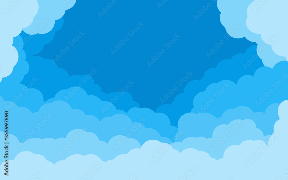Blue background sky of cartoon flat style. Cover air effect with border of white clouds. Cloudy heaven scene layered effect. Abstract text box for poster, flyer, postcard, banner. Vector illustration Blue background sky of cartoon flat style. Cover air effect with border of white clouds. Cloudy heaven scene layered effect. Abstract text box for poster, flyer, postcard, banner. Vector illustration