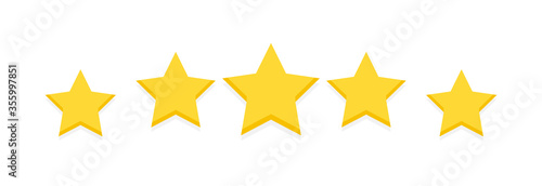 Five yellow stars  customer product rating customer review. Level rank icon for app  web  game. Appraisal in simple flat  cartoon style. Premium quality service. Isolated on white vector illustration
