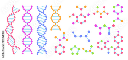 Molecular structure chemical atom flat cartoon set. Abstract structure DNA molecule. Chemistry science, molecular structure, laboratory cell protein multicolored. Vector illustration