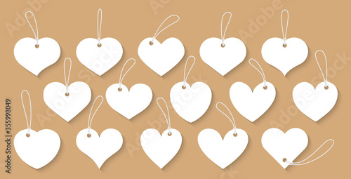 Hearts paper cut vintage labels tag with cord set. Sign of Valentines day sale shopping price tags with rope. Empty template for text box of different shape with shadow. Isolated vector illustration
