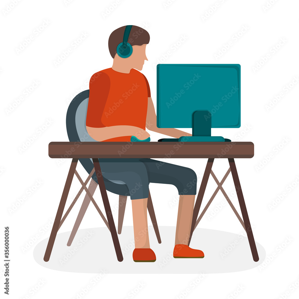 Man character in headset sitting workplace table, male playing gaming computer isolated on white, flat vector illustration. Man character in headset sitting workplace table, male playing gaming computer isolated on white, flat vector illustration.