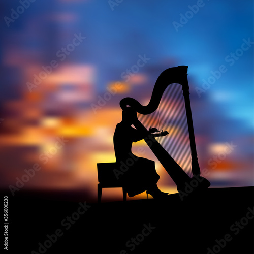 A Girl Playing The Harp Under The Sunset