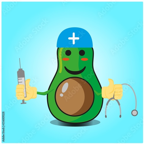 Cute half avocado doctor cartoon face character with sthethoskop and syringe image design photo