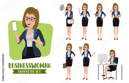 Businesswoman character vector set. Business woman characters set of office female professional sales employee in marketing holding phone pose and gestures for business demo design elements.