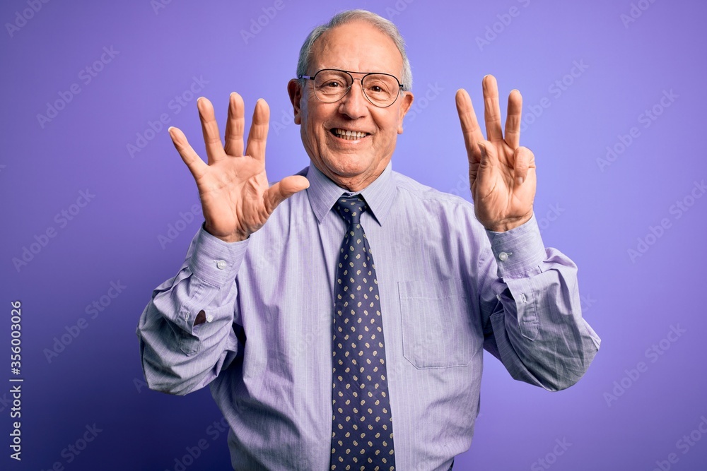 Grey haired senior business man wearing glasses standing over purple isolated background showing and pointing up with fingers number eight while smiling confident and happy. Grey haired senior business man wearing glasses standing over purple isolated background showing and pointing up with fingers number eight while smiling confident and happy.