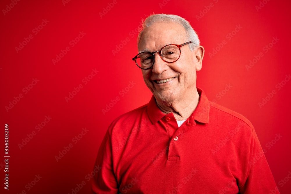 Grey haired senior man wearing glasses and casual t-shirt over red background Relaxed with serious expression on face. Simple and natural looking at the camera. Grey haired senior man wearing glasses and casual t-shirt over red background Relaxed with serious expression on face. Simple and natural looking at the camera.