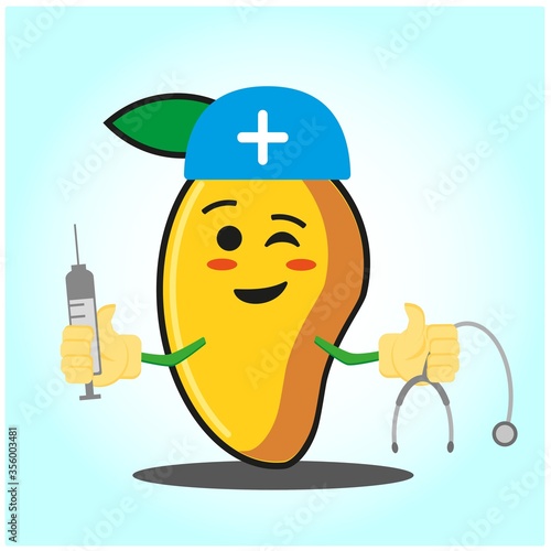 Cute mango doctor cartoon face character with sthethoskop and syringe image design photo