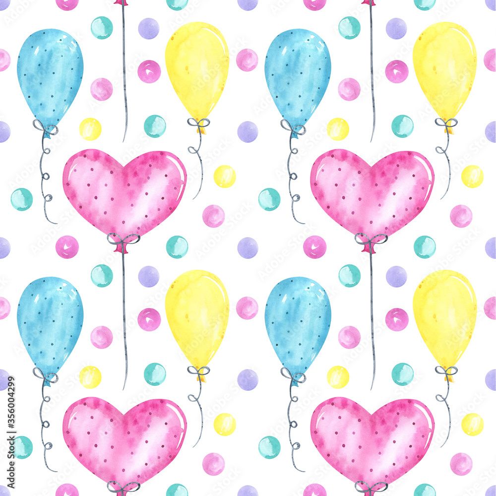 Seamless pattern birthday elements watercolor, party background. Happy birthday, Baby shower. Invitation card. Party, confetti, gift, balloon. Party celebrations accessories. 