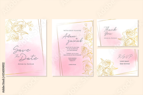 Set of invitation card with watercolor and gold roses