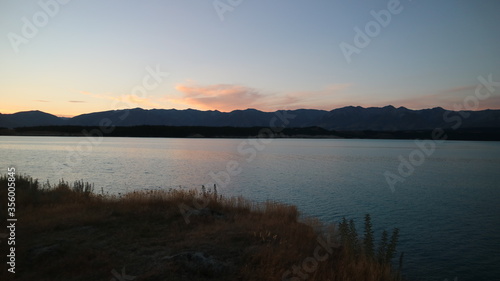 Lake Pukaki in South Island  New Zealand sunset view