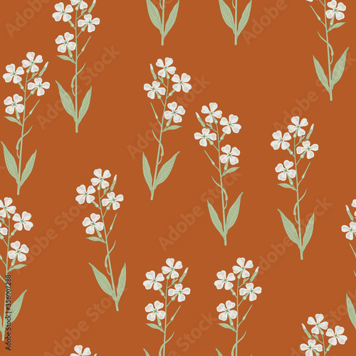 Seamless floral pattern with branches of white flowers. Hesperis Alba. Dame's Rocket. Sweet Rocket.