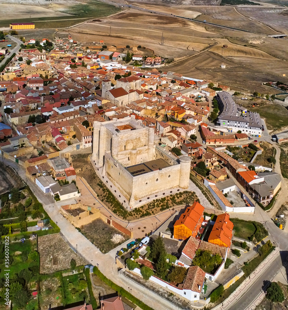 
Castle in Palencia. Aerial view in Fuentes de Valdepero. Spain. Drone Photo
