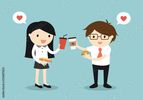 Business concept, Business woman and businessman are eating food together. Vector illustration.