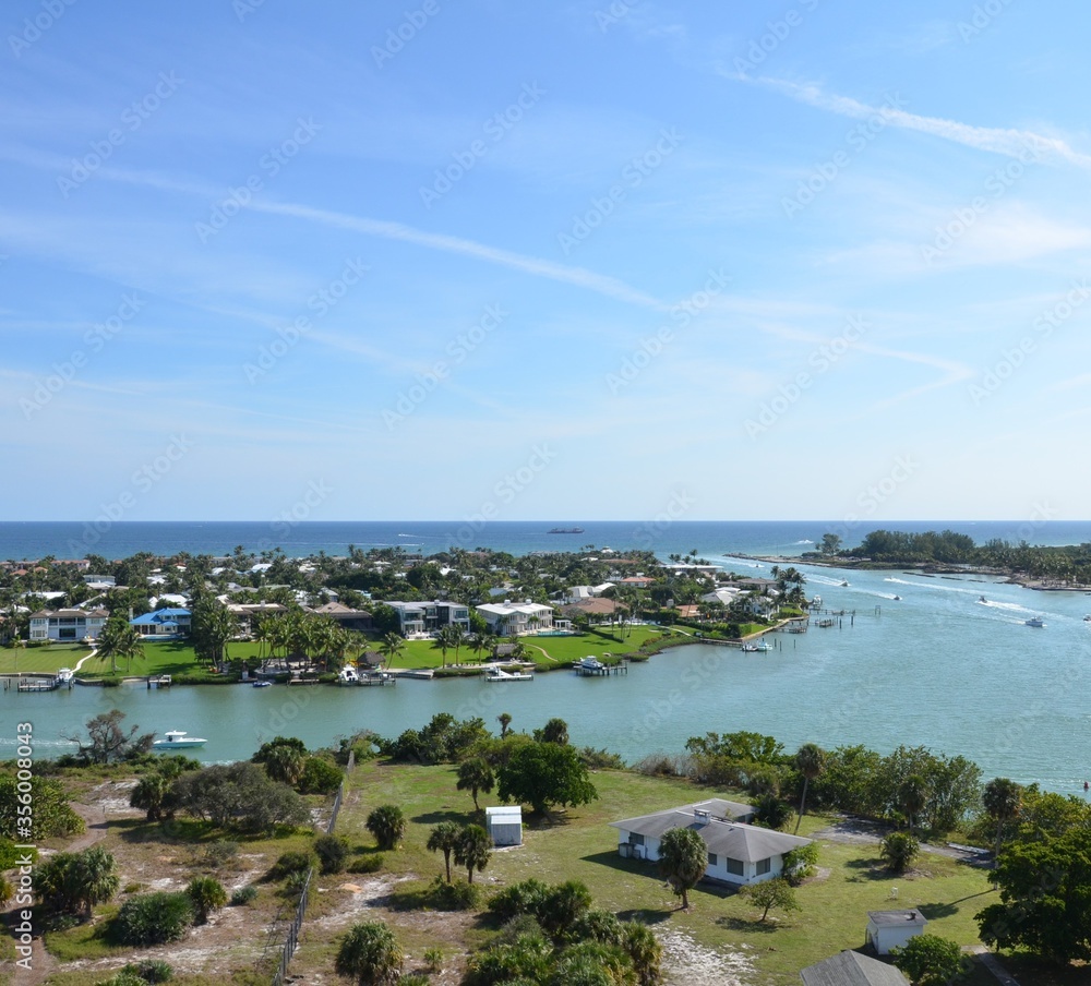 view of boats and river water from lighthouse in Florida