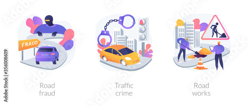 Road safety abstract concept vector illustration set. Traffic crime and fraud, road works, fellow traveller, hitchhiking, criminal traffic, construction and repair, speed limit sign abstract metaphor.