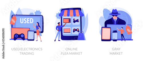 Cheap smartphone buying, laptop deals, computer low prices bargain. Used electronics trading, online flea market, gray market metaphors. Vector isolated concept metaphor illustrations.