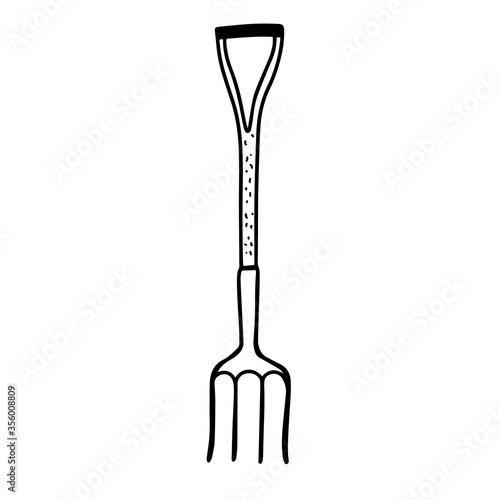 Garden pitchforks isolated on a white background. Garden forks. Tools for earthworks and territory cleaning. Vector illustration in Doodle style