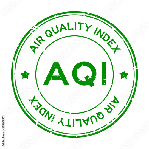 Grunge green AQI (Abbreviation of air quality index) word round rubber seal stamp on white background