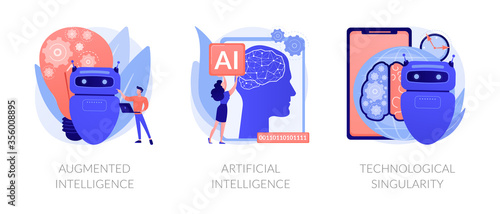 World technology progress and modern innovations. Augmented intelligence, artificial intelligence, technological singularity metaphors. Vector isolated concept metaphor illustrations.