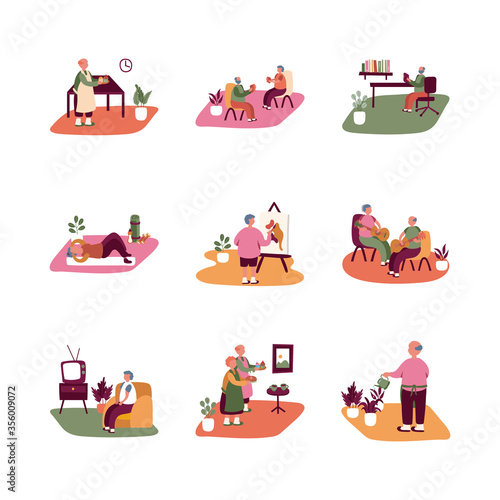eldery people practicing activities in home scenes