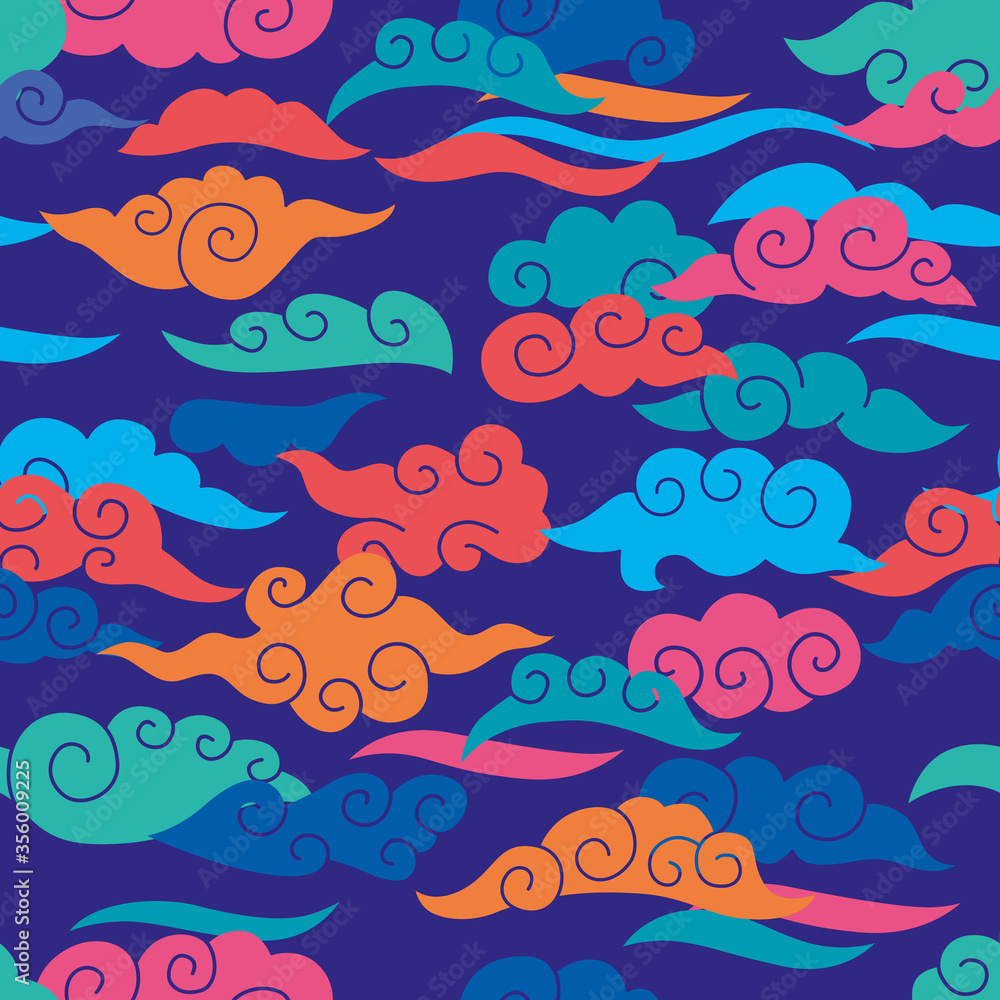 Chinese stylized clouds seamless pattern. Vector vibrant color graphics