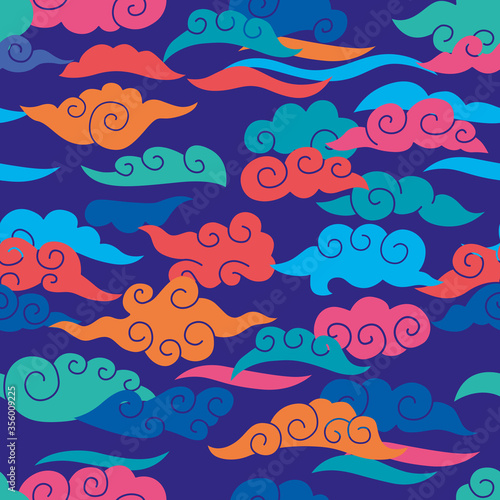 Chinese stylized clouds seamless pattern. Vector vibrant color graphics