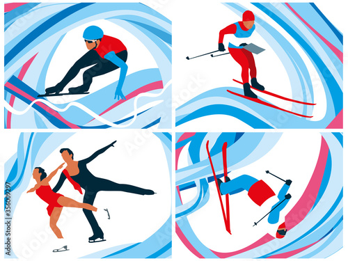 Winter sports. Speed skating, orienteering, figure skating and freestyle. Vector graphics