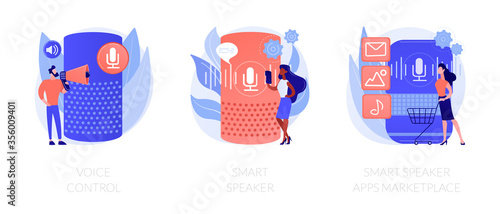 Voice command device application, virtual assistant technology. Voice control, smart speaker, smart speaker apps marketplace metaphors. Vector isolated concept metaphor illustrations.