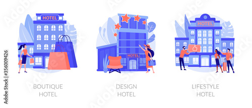 Modern accommodation metaphors. Boutique hotel, design hostel interior, lifestyle motel. Fashionable apartment. Luxury hospitality service. Vector isolated concept metaphor illustrations.