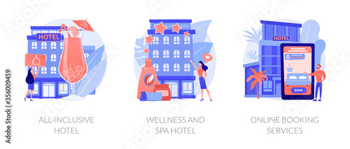 Luxury hotels metaphors. All inclusive resort, wellness and spa hotel, online booking service. Accommodation rent, travel planning. Room reservation. Vector isolated concept metaphor illustrations.