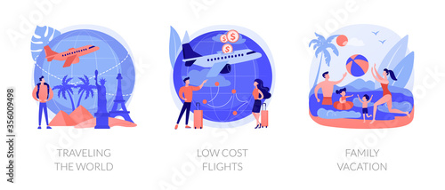 Summer recreation and adventure metaphors. Traveling the world, low cost flight, family vacation. Sea resort holiday. Cheap plane tickets. Vector isolated concept metaphor illustrations.