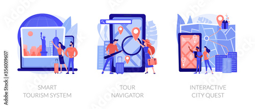 Sightseeing adventure planning metaphors. Smart tourism system, tour navigator, interactive city quest. Abroad country active recreation. Vector isolated concept metaphor illustrations.