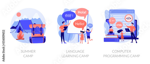 Educational summertime activities for children metaphors. Summer camp, language learning class, computer programming course. Kids vacation. Vector isolated concept metaphor illustrations.