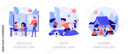 Recreational and educational activities for children metaphors. Religious camp, sport classes, summer camping. Hiking adventure for kids. Vector isolated concept metaphor illustrations.