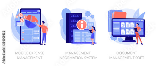 Personal finance control app and data center automation. Mobile expense management, management information system, document management soft metaphors. Vector isolated concept metaphor illustrations