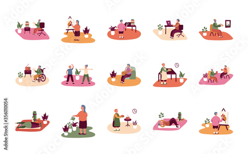 eldery people practicing activities in home scenes