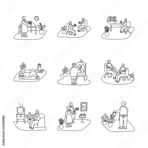 eldery people practicing activities in home scenes