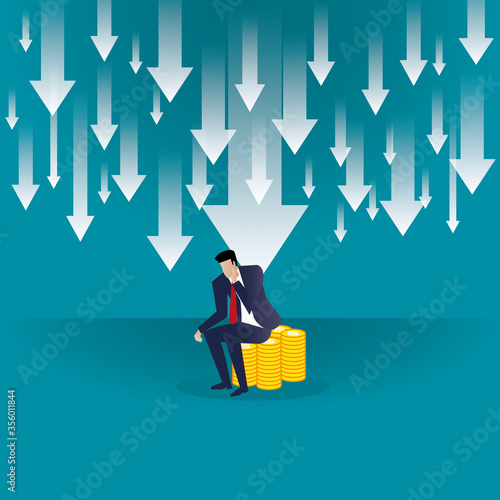 Vector illustration of a businessman seated on a stack of coins and arrows falling down