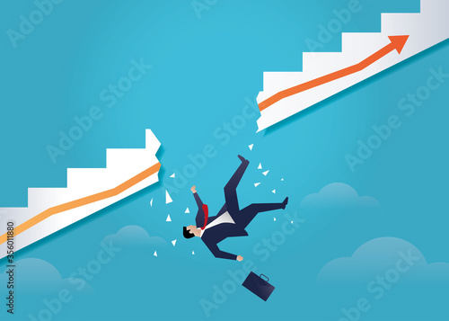 Vector illustration of a broken stairway with an arrow and a businessman falling down