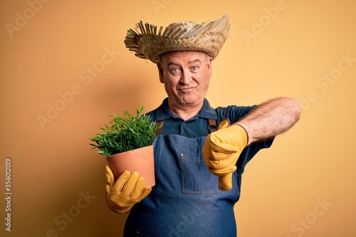 Middle age hoary farmer man wearing apron and hat holding plant pot over yellow background with angry face, negative sign showing dislike with thumbs down, rejection concept