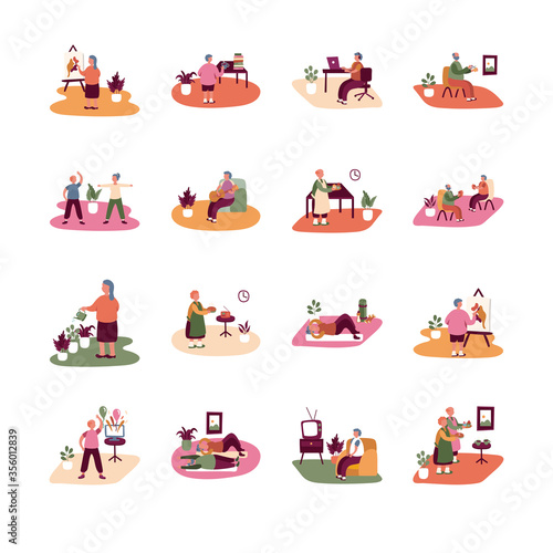 eldery people practicing activities in home scenes