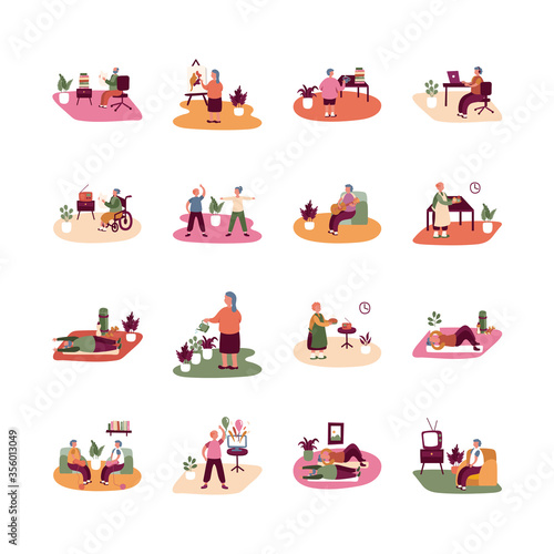 eldery people practicing activities in home scenes