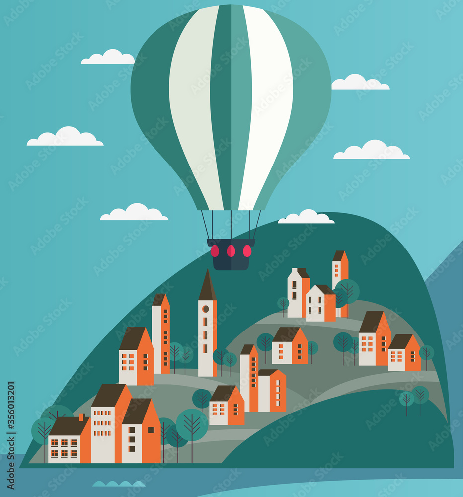 Hot air balloons flying over beautiful mountain landscape. Nature, camping, travel, vacation and holiday vector concept
