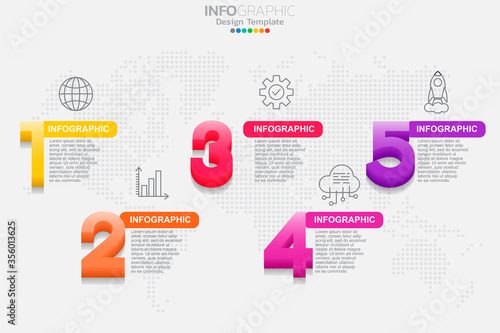 Five Steps timeline infographic design vector and icons can be used for workflow layout, diagram, report, web design. Business concept with options, steps or processes.