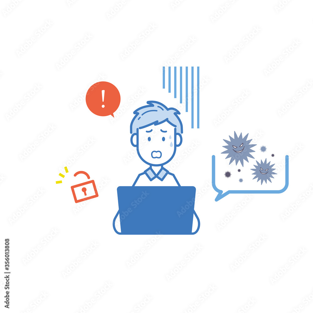コンピューターウイルスの不正アクセスに驚く男性のイラスト Stock Vector Adobe Stock